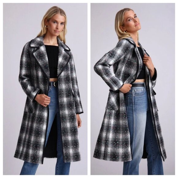Avec Les Filles Plaid Tweed Double Breasted Coat in Black Multi Plaid - Picture 2 of 6